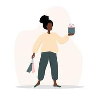 femme faisant du shopping. heureuse fille africaine portant des sacs et des cadeaux. illustration de dessin animé de vecteur isolé sur fond blanc. modèle de promotion et de vente.