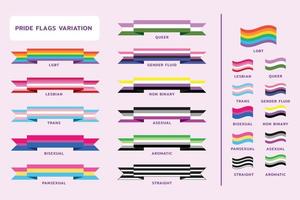 ensemble de variations de drapeau de fierté. collection de différents signes d'orientations d'identité sexuelle. lgbtq, lesbienne, trans, bigenre, non binaire, etc. vecteur
