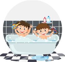 deux enfants dans la baignoire en style cartoon vecteur