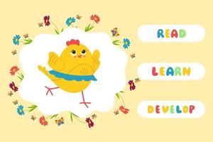 poulets mignons, jeux éducatifs pour enfants, lire, apprendre, développer une bannière. illustration vectorielle vecteur
