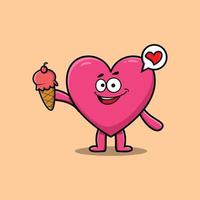 dessin animé mignon beau coeur tenant un cornet de crème glacée vecteur