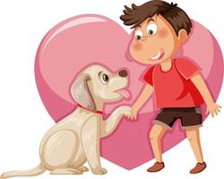 un garçon jouant avec un chien sur fond de coeur vecteur