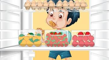 garçon affamé regardant des aliments dans le réfrigérateur vecteur