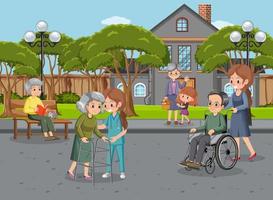 parc extérieur avec personnes âgées et soignants