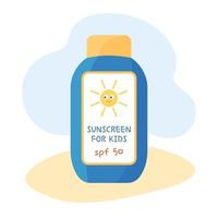 crème solaire pour les enfants. produit de soin de la peau d'été pour les enfants. crème de protection uv pour enfants en bouteille isolée. bronzage sécuritaire de l'enfant. illustration vectorielle plane. vecteur