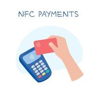 paiements nfc. paiement des achats sans contact par carte bancaire et TPV. technologie NFC de communication en champ proche. paiement sans numéraire. main tenant une carte en plastique. illustration vectorielle plane vecteur