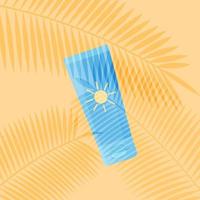 tube de crème solaire et feuilles de palmier. soins de la peau d'été. conception d'ombres de feuilles de palmier. crème solaire dans l'emballage. illustration vectorielle plane sur fond de plage vecteur