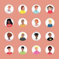 ensemble de 16 avatars encerclés avec des visages de jeunes. image de différentes races et nationalités, femmes et hommes. ensemble d'icônes de profil utilisateur. badges ronds avec des gens heureux - vecteur
