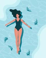 une jeune femme en maillot de bain turquoise se trouve sur l'eau dans la mer avec des poissons. illustration de vacances d'été, clipart, vecteur