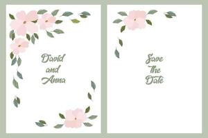 maquettes d'invitation de mariage décorées de délicates fleurs roses avec des feuilles. illustration, carte postale, vecteur.