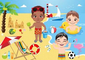groupe de garçons s'amusant sur la plage. enfant nageant avec un anneau gonflable en caoutchouc de canard, tenant un réservoir de sable sur la plage, construisant un vecteur de château de sable