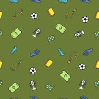modèle de football sans couture. illustration de football doodle avec un ballon de football, une coupe de championnat, des chaussures, un terrain de football vecteur