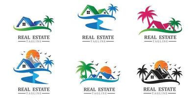 icônes de conception de logo immobilier avec soleil et oiseaux gratuits vecteur