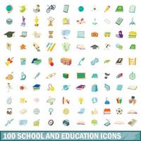 Ensemble de 100 icônes d'école et d'éducation, style cartoon vecteur