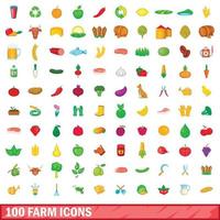 Ensemble de 100 icônes de ferme, style dessin animé vecteur