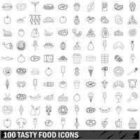 Ensemble de 100 icônes de nourriture savoureuse, style de contour vecteur