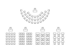 ensemble de plans pour disposer les sièges en demi-cercle et les rangées à l'intérieur, , contour de disposition. place spectateurs, salle de classe, carte sièges amphithéâtre. schéma chaises et tables meubles vue de dessus. ligne vectorielle vecteur