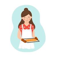 jeune femme au foyer mignonne tient un plateau avec des pâtisseries chaudes. illustration vectorielle en style cartoon vecteur