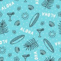 modèle harmonieux d'été avec planches de surf, feuilles et fleurs tropicales, cocktails, lettrage soleil et aloha. accessoires de plage sur fond bleu dessinés à la main dans un style de croquis vintage pour le textile, l'habillement
