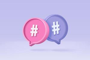 Symbole de lien de recherche de hashtag 3d sur l'icône de notification des médias sociaux isolé sur fond violet. mention du fil de commentaires ou signe de réponse de l'utilisateur avec les médias sociaux. hashtag 3d sur l'illustration de rendu vectoriel