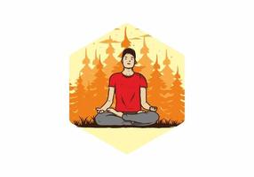 illustration d'une personne faisant du yoga et méditant à l'extérieur dans une forêt dans la nature parmi les pins vecteur