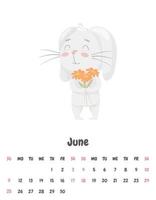 page de calendrier pour le mois de juin 2023 avec un joli lapin souriant tenant un bouquet de fleurs printanières. adorable animal, un personnage aux couleurs pastels.calendrier pour enfants. illustration vectorielle sur blanc vecteur