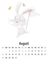 page de calendrier pour le mois d'août 2023 avec un joli lapin drôle attrapant des papillons avec un filet. adorable animal, un personnage aux couleurs pastel. calendrier des enfants. illustration vectorielle sur blanc. vecteur
