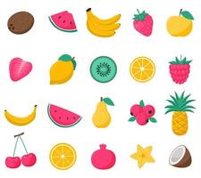 un ensemble de fruits et de baies d'été tropicaux lumineux. fraises, noix de coco, ananas, bananes, framboises, cerises. illustrations vectorielles dans un style de dessin animé plat isolé sur fond blanc.