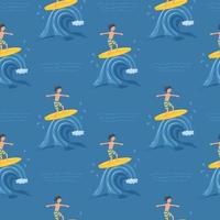 modèle sans couture avec un garçon surfeur sur une vague. sports d'été actifs, animations. mer, vague océanique. pour vêtements d'été, serviettes, accessoires de plage. illustration vectorielle sur fond bleu foncé. vecteur
