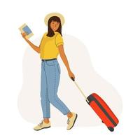 jeune femme avec une valise part en vacances. fille avec une valise et un passeport avec des billets d'embarquement. concept de voyage, illustration vectorielle plane.