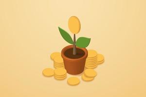 pièces de monnaie sur un pot de fleurs et un tas de pièces de monnaie vecteur