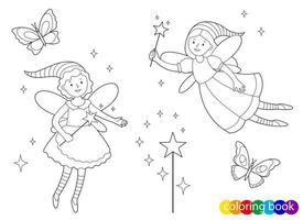 fées de conte de fées avec des baguettes magiques et des papillons pour l'élément de conception page de livre de coloriage pour enfants vecteur