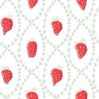 modèle sans couture vert pastel de fraises doodle mignon dessinés à la main. fleurs de ligne de papier de baies rouges, textiles alimentaires pour la cuisine, les enfants. album de papier minimalisme. vecteur