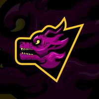 illustration de tête de dragon violet. style effrayant, créatif, animal, dessin animé et mascotte. adapté au logo, à l'icône, au symbole et au signe. tels que les sports électroniques, les sports, le logo fort et la conception de t-shirts vecteur