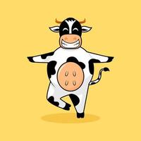 vache mignonne debout sur une jambe et les mains tendues avec une expression de sourire. dessin animé, mascotte, animal et style de personnage. orange, noir et blanc. adapté au logo, à l'icône, au symbole, à la conception de t-shirt et au signe vecteur