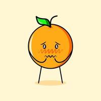 personnage de dessin animé orange mignon avec une expression triste. jaune et vert. adapté à l'émoticône, au logo, à la mascotte et au symbole vecteur
