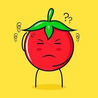 personnage de tomate mignon avec une expression de thiking, une main sur la tête et les yeux fermés. vert, rouge et jaune. adapté pour émoticône, logo, mascotte vecteur
