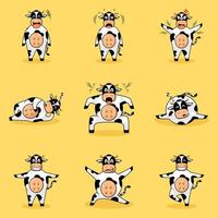 collection d'illustration d'expression de vache mignonne. pleurer, en colère, dormir, choquer et sourire. dessin animé, mascotte, animal et style de personnage. adapté à la conception de t-shirt, logo, icône, symbole ou signe vecteur