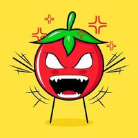 personnage mignon de tomate avec une expression de colère. les deux mains levées, les yeux exorbités et la bouche grande ouverte. vert, rouge et jaune. adapté pour émoticône, logo, mascotte vecteur
