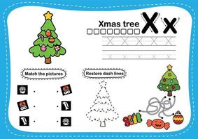lettre de l'alphabet x - exercice d'arbre de Noël avec illustration de vocabulaire de dessin animé, vecteur