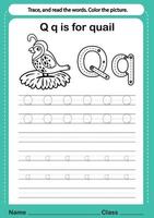 alphabet q exercice avec vocabulaire de dessin animé pour illustration de livre à colorier, vecteur