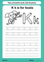 exercice alphabet k avec vocabulaire de dessin animé pour illustration de livre à colorier, vecteur