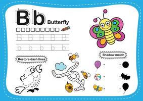 lettre de l'alphabet b- papillon exercice avec illustration de vocabulaire de dessin animé, vecteur