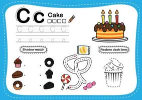 lettre de l'alphabet c - exercice de gâteau avec illustration de vocabulaire de dessin animé, vecteur