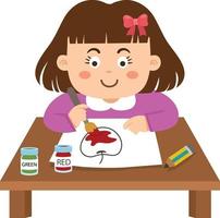 enfant fille assise à la table et peinture illustration vectorielle vecteur