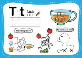 lettre de l'alphabet t - exercice de thé avec illustration de vocabulaire de dessin animé, vecteur