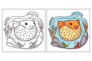 créature marine mignonne dessinée à la main pour la page de coloriage poisson-globe vecteur