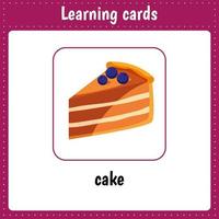 cartes d'apprentissage pour les enfants. pâtisserie. gâteau. fiches pédagogiques pour les enfants. activité préscolaire vecteur