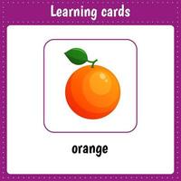 cartes d'apprentissage pour les enfants. fruit. orange. fiches pédagogiques pour les enfants. activité préscolaire vecteur