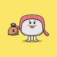 dessin animé mignon sushi riche fou avec sac d'argent vecteur